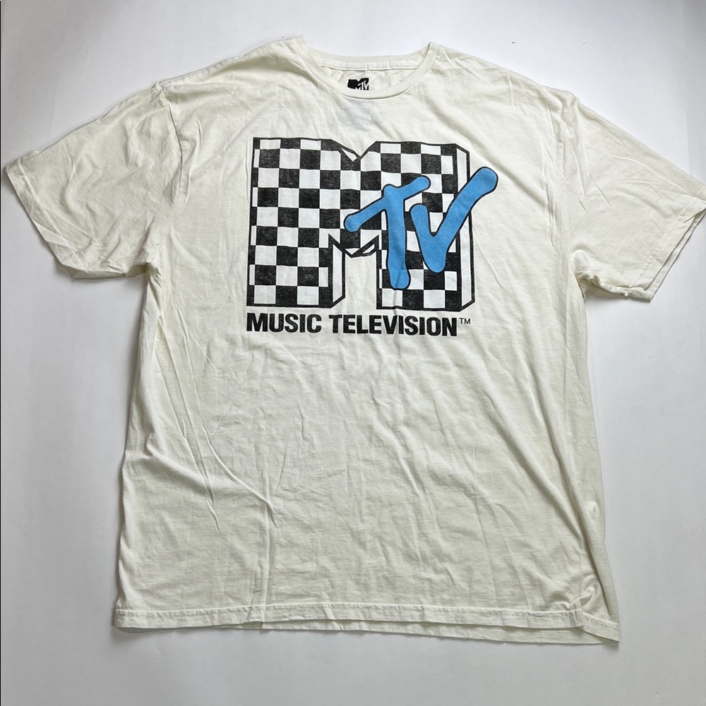 MTV Checkered Logo White T-Shirt Size L
